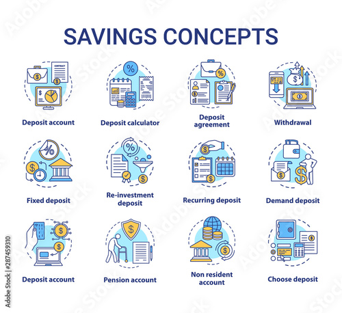 Savings concept icons set. Different banking systems, deposit account variety idea thin line illustrations. Passive income from savings account. Vector isolated outline drawings. Editable stroke