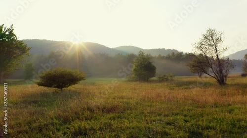 Flying low over meadow in mist against the sunset. Drone shot, 4k resolution.