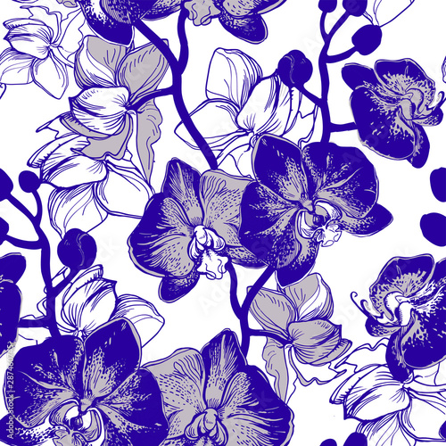 Orchids hand drawn flowers. Elegant floral seamless pattern on white. Tropical botanical floristic manual graphic. Perfect for floristic design and printing, wallpaper, posters, textile, fabric.