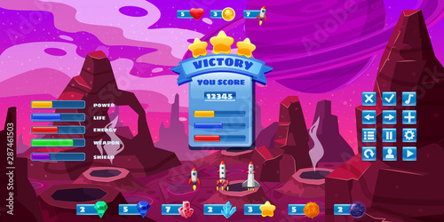 Fantasy space cartoon game concept background and Ui basic buttons and icons