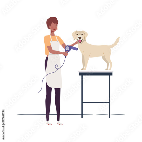 young woman with dog in pet groomer