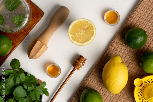 Lemon cutted in half with citrus juicer and mint photo