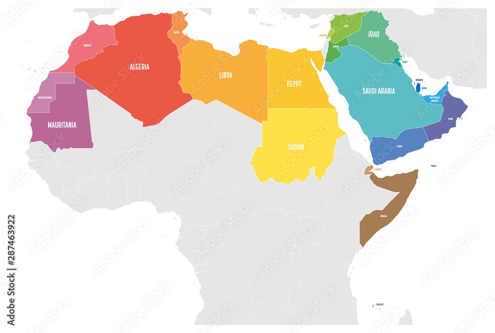 Vecteur Stock Arab World states political map with colorfully higlighted 22  arabic-speaking countries of the Arab League. Northern Africa and Middle  East region. Vector illustration | Adobe Stock