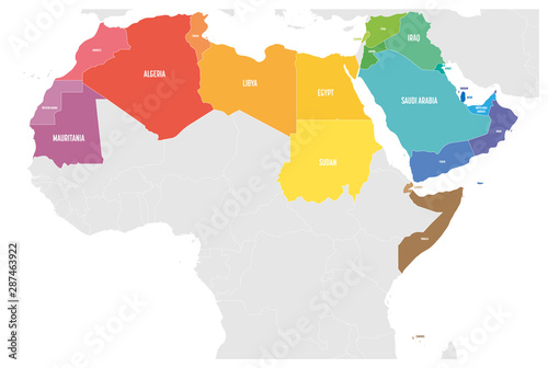 Arab World states political map with colorfully higlighted 22 arabic-speaking countries of the Arab League. Northern Africa and Middle East region. Vector illustration