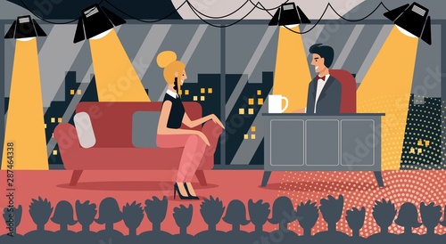 Famous Celebrity in Late Night Talk Show Vector Illustration. Woman Guest Man Host Discussion, Audience Watch. Television Broadcasting, Entertainment Production. Female Star Interview