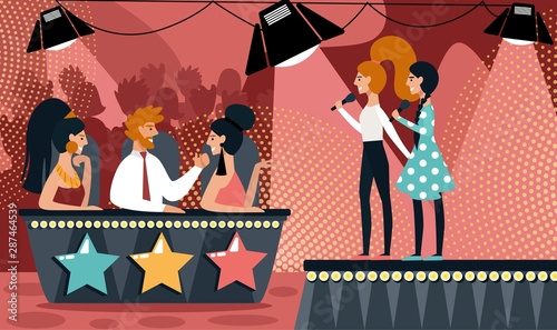Talent Show Vector Illustration. Cartoon Girls Duet with Microphone Sing Song. Man Woman in Jury Judge. Musical Duo Performance, Vocal TV Competition, Television Show, Audition Contest