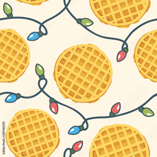 cute seamless pattern with friendship concept and illustration of waffle with lights garland. childrens vector illustration