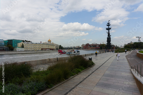 Beautiful view of the Moskva River, the Cathedral of Christ the Savior and the monument to Peter the Great, Moscow, Russia
