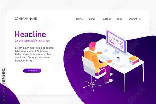 Landing page with isometric concept man work with business statistics