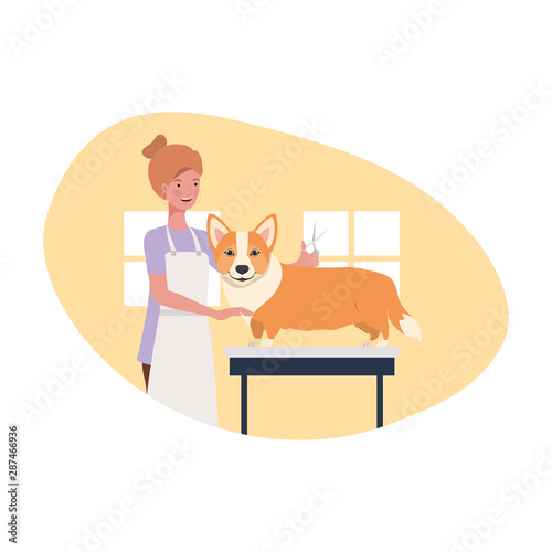 young woman with dog in pet groomer