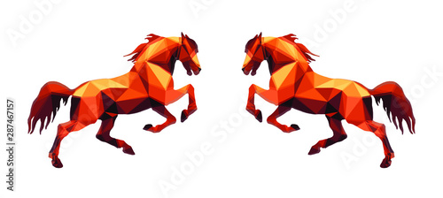 amber color, prancing horse, vector-isolated image on a white background in the style of low Poly 	 