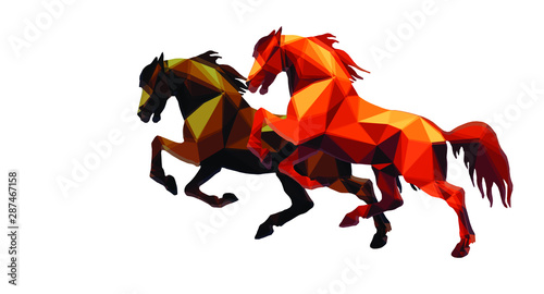 amber color, prancing horse, vector-isolated image on a white background in the style of low Poly 	 