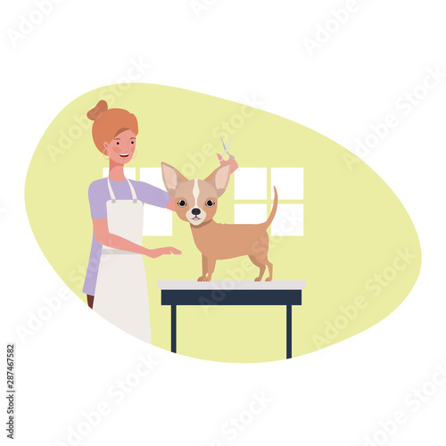 young woman with dog in pet groomer