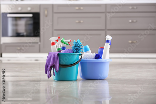 Set of cleaning supplies in kitchen