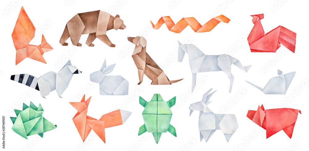 Big pack of various folded Origami Animals. Green, red, orange, brown, gray  colors. Hand drawn watercolour geometric sketch on white background, cut  out clipart elementsfor creative design decoration. Stock Illustration |  Adobe