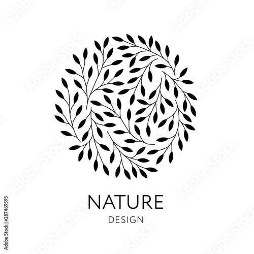 Elegant round emblem with tree branches. Vector organic and natural logo design.
