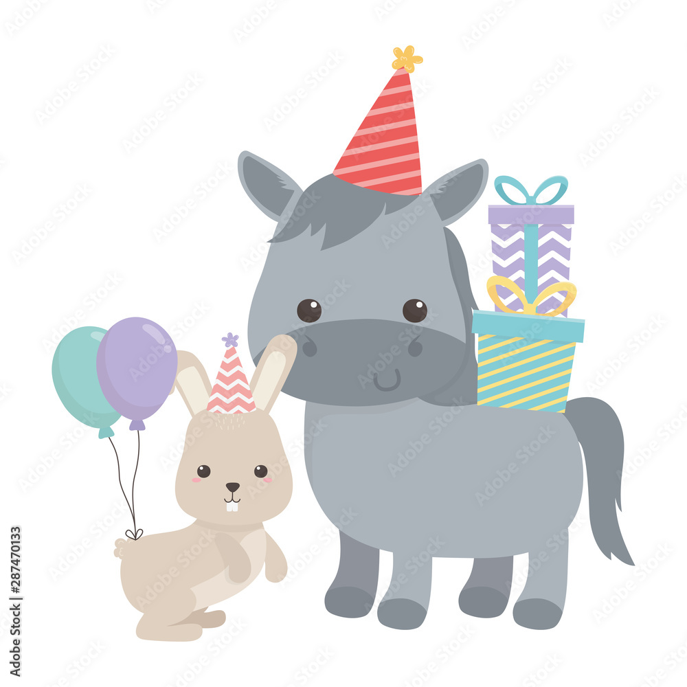 Donkey and rabbit cartoon with happy birthday icon design Donkey and rabbit cartoon with happy birthday icon design