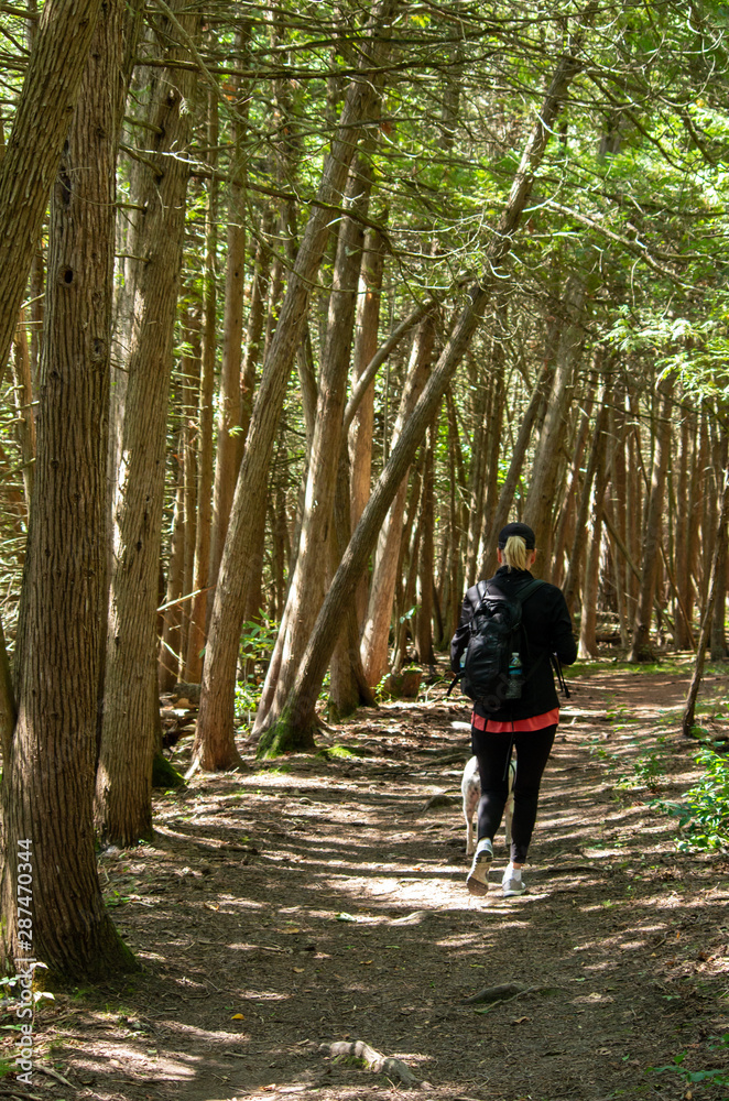 Woman walking her dog on a hiking trail