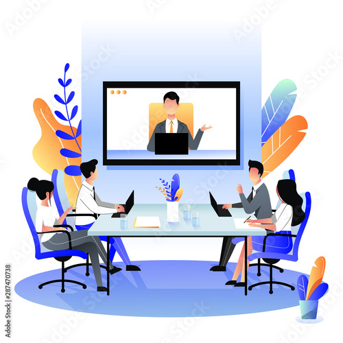 Group of businesspeople at the video conference call. Vector flat cartoon illustration. Online meeting with director