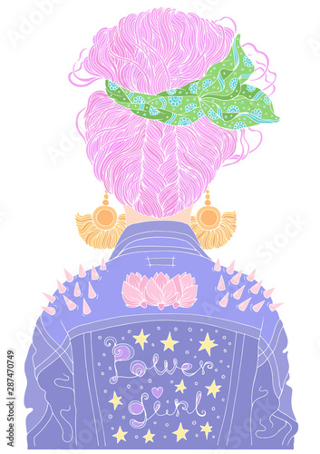 Vector portrait of a young girl back view with hairstyle loose bun wrapped in a scarf. Dressed up in denim jacket retro style and spikes on the shoulders Slogan power girl Colored fun with white lines