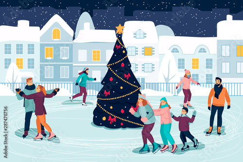 People skating on ice rink around decorated Christmas Tree. Vector flat cartoon illustration. New Year holiday event