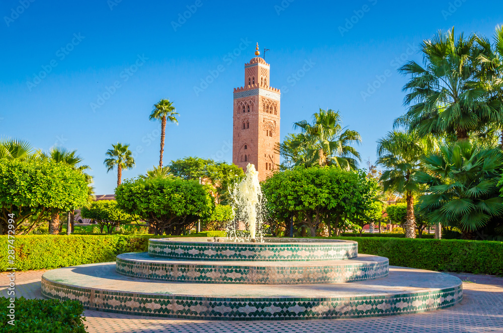 Koutoubia Mosque minaret in old medina of Marrakesh, Morocco