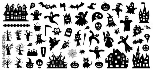 Set of silhouettes of Halloween on a white background. Vector illustration....