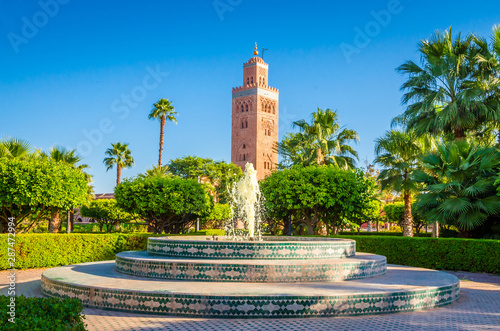 Koutoubia Mosque minaret in old medina of Marrakesh, Morocco