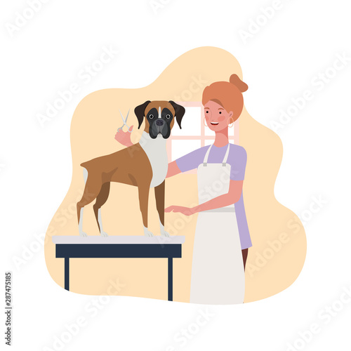 young woman with dog in pet groomer