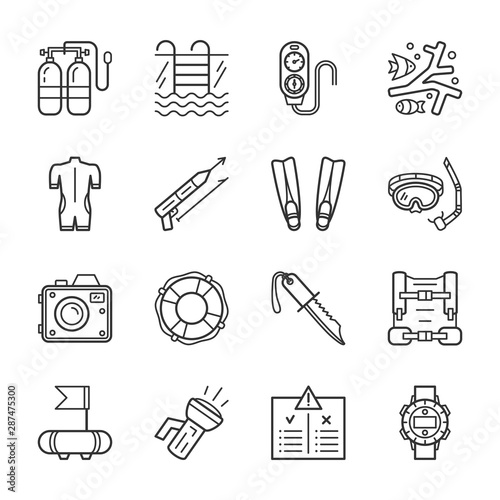 Diving equipment, accessories and scuba gear thin line icons set