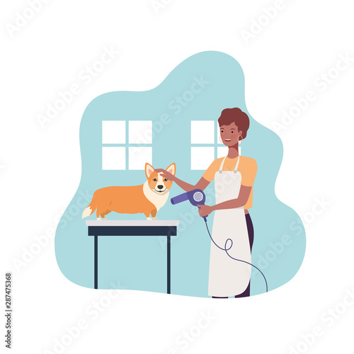 young woman with dog in pet groomer