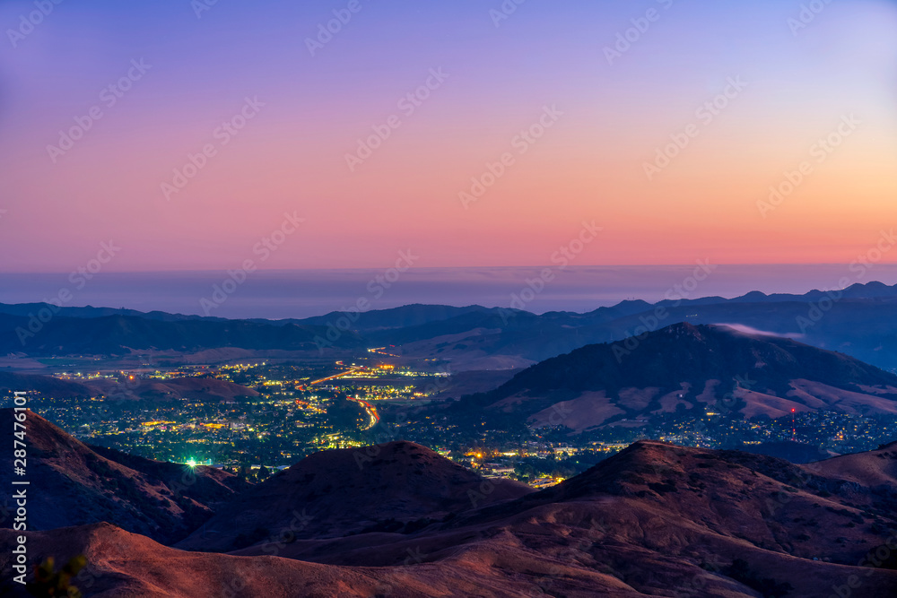 Evening Light on City at Night, Hills, 