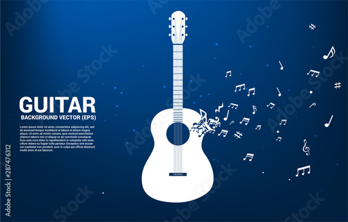 Vector music melody note dancing flow shape guitar icon . Concept background for song and guitar concert theme.