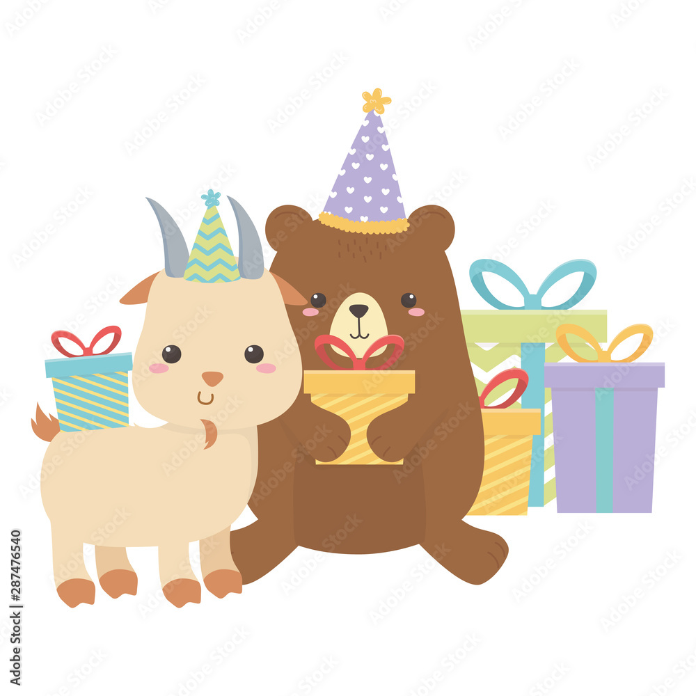 Naklejka premium Bear and goat with happy birthday icon design