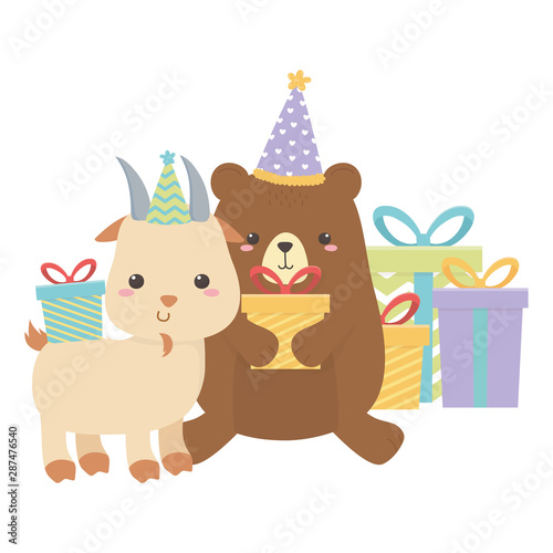 Bear and goat with happy birthday icon design