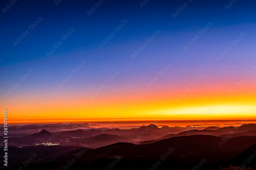 Sunset at Dusk, Ocean, Mountains, Hills