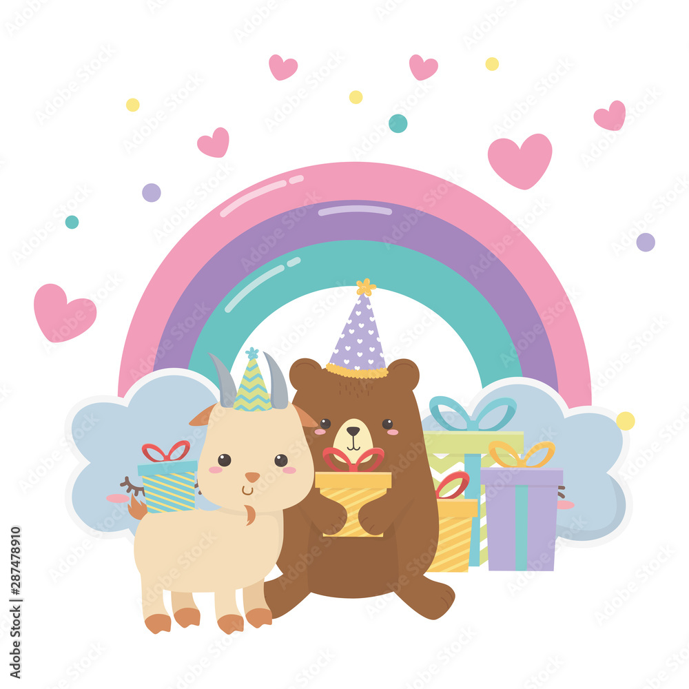 Naklejka premium Bear and goat with happy birthday icon design