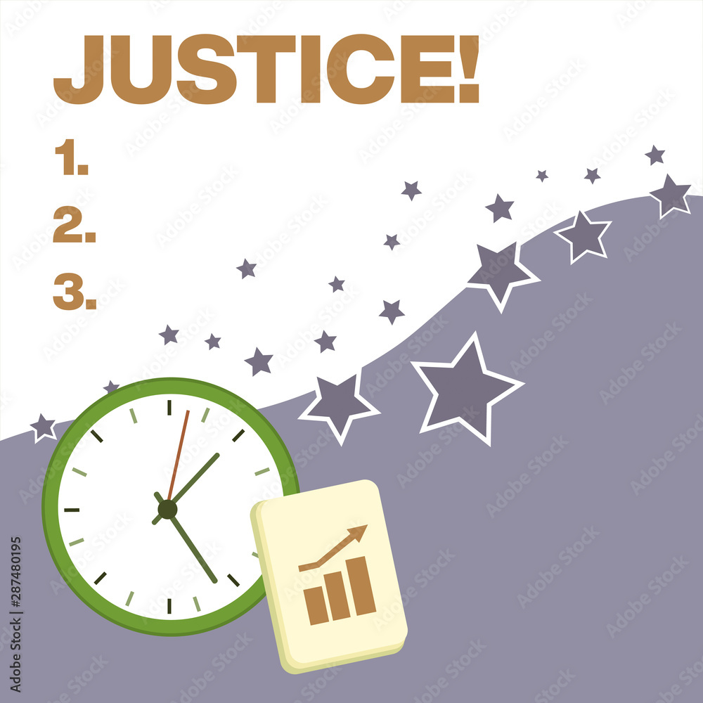Text sign showing Justice. Business photo text impartial adjustment of conflicting claims or assignments Layout Wall Clock Notepad with Escalating Bar Graph and Arrow Pointing Up