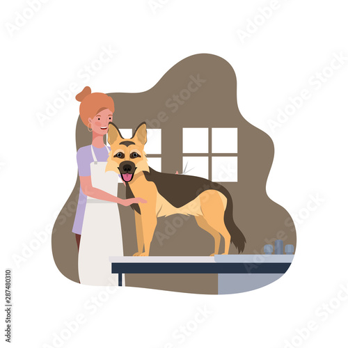 young woman with dog in pet groomer