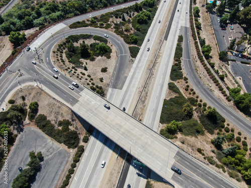 Aerial view of highway crossing a little town in California