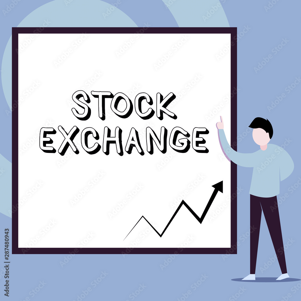 Conceptual hand writing showing Stock Exchange. Concept meaning An electronic market where owners of businesses get together Man standing pointing up blank rectangle Geometric background