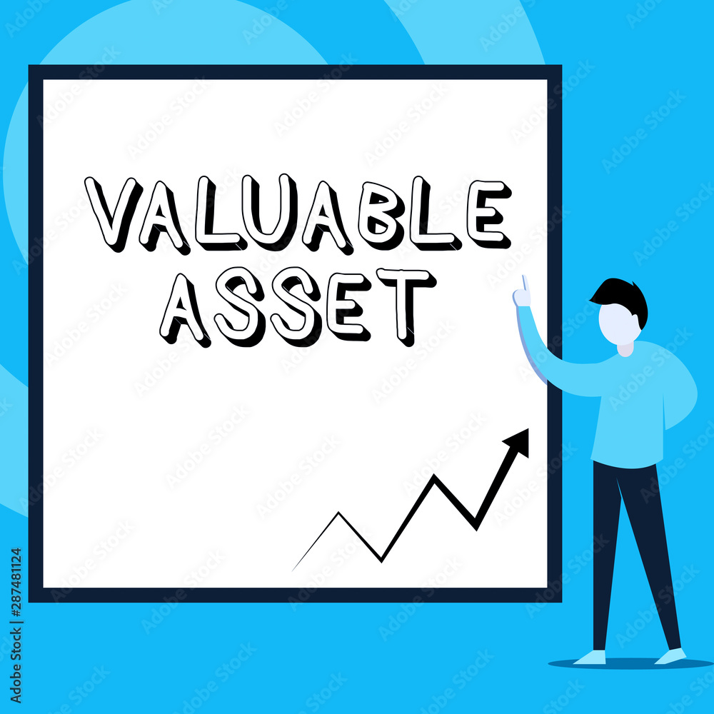 Conceptual hand writing showing Valuable Asset. Concept meaning Your most valuable asset is your ability or capacity Man standing pointing up blank rectangle Geometric background Conceptual hand writing showing Valuable Asset. Concept meaning Your most valuable asset is your ability or capacity Man standing pointing up blank rectangle Geometric background