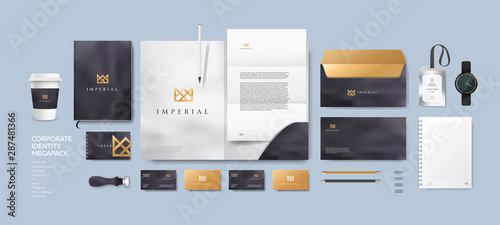Corporate identity premium branding design. Stationery mockup vector megapack set. Template for business or finance company. Folder and A4 letter, visiting card and envelope based on modern gold logo. photo