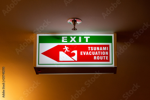 Tsunami escape route signpost in Bali, Indonesia. January 2019