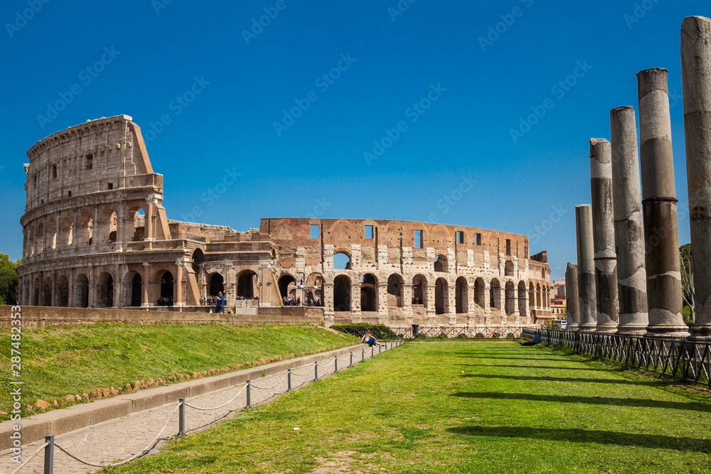 The famous Colosseum in Rome seen from the Temple of Venus and Roma located on the Velian Hill