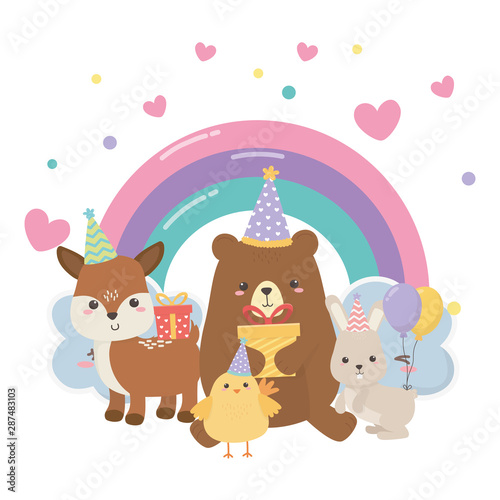 Bear reindeer rabbit and chicken with happy birthday icon design