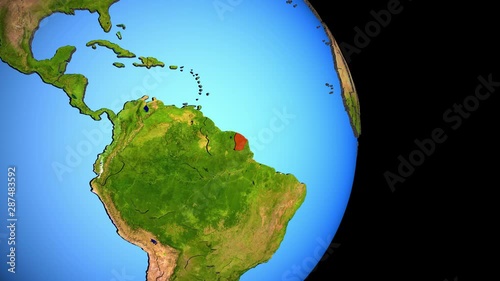 Closing in on French Guiana on political 3D globe with topography. 3D illustration. photo