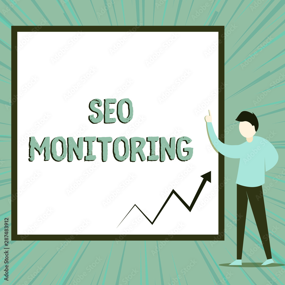 Word writing text Seo Monitoring. Business photo showcasing Tracking the progress of strategy made in the platform View young man standing pointing up blank rectangle Geometric background Word writing text Seo Monitoring. Business photo showcasing Tracking the progress of strategy made in the platform View young man standing pointing up blank rectangle Geometric background