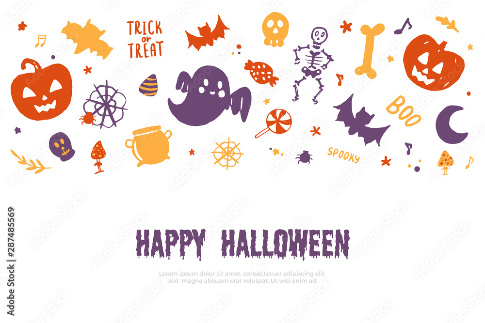 Happy Halloween vector banner with pumpkin, ghost. Doodle poster, party invitation