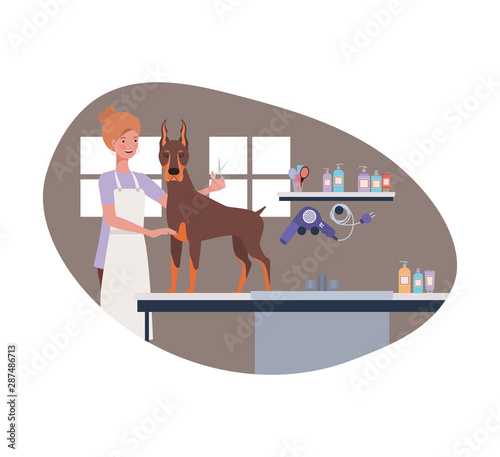 young woman with dog in pet groomer